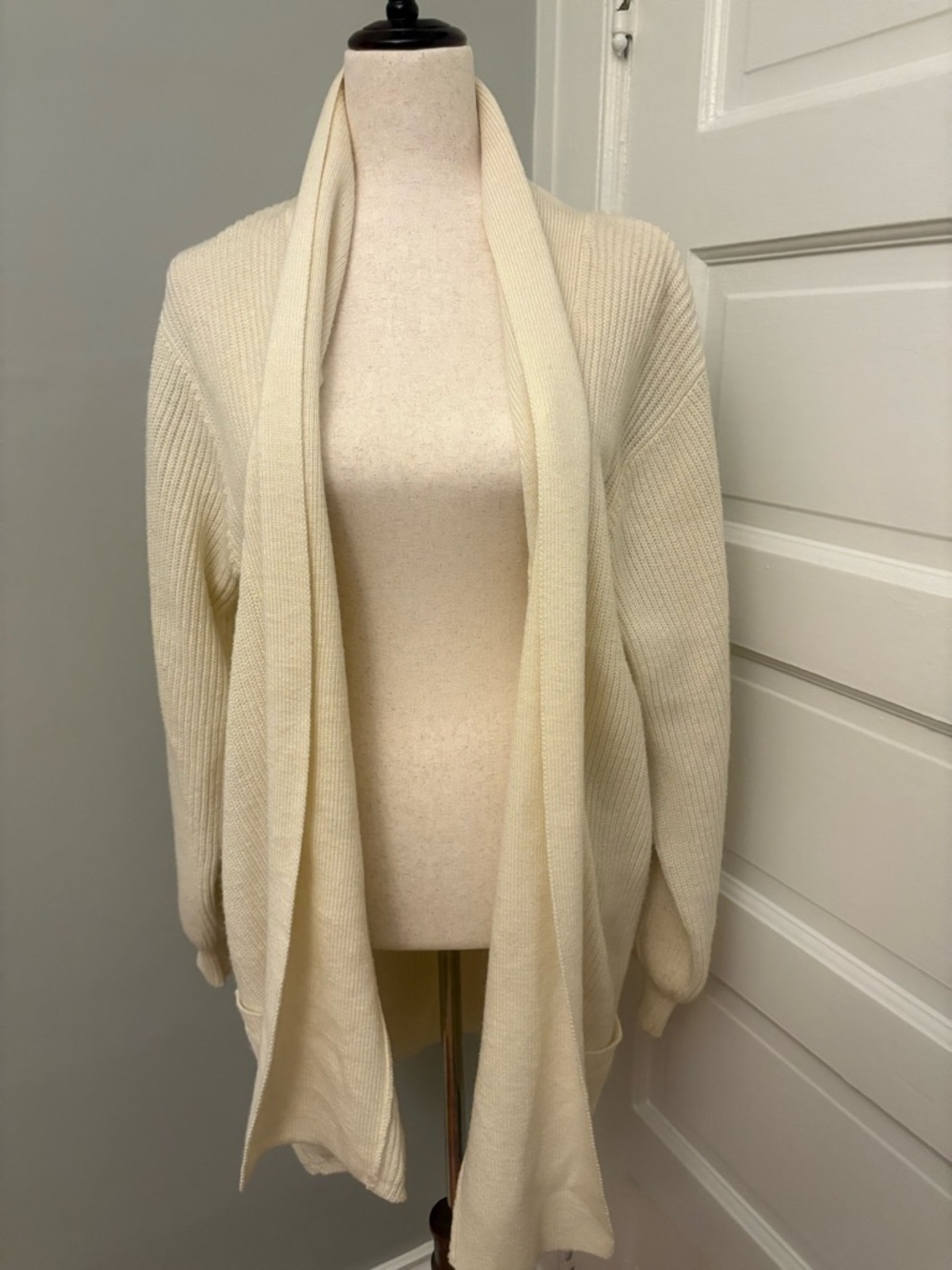 Open-Front Cream Ribbed Knit Cardigan